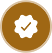 Brown badge with white checkmark icon.