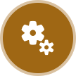 Two white gears on brown circular background.