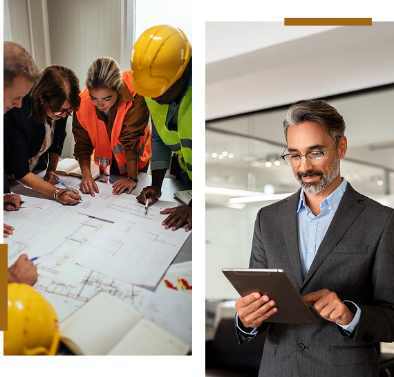 Architects reviewing plans; man using tablet.